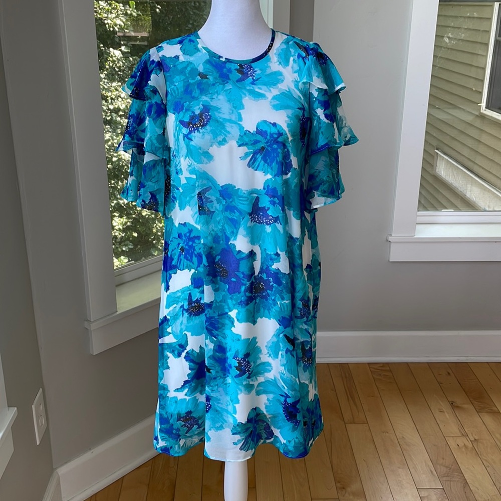 Calvin Klein Blue Teal Floral Print Ruffle Sleeve Mini Dress Size 2